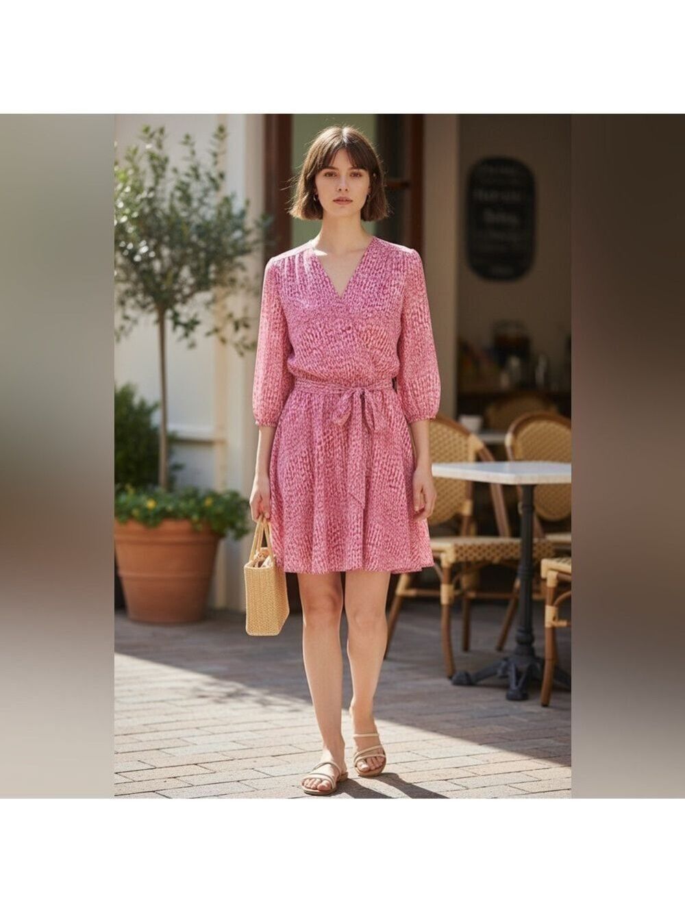 Evereve Joyce Mini Dress NWT Pink Abstract Patterned Dress 3/4 sleeve Office